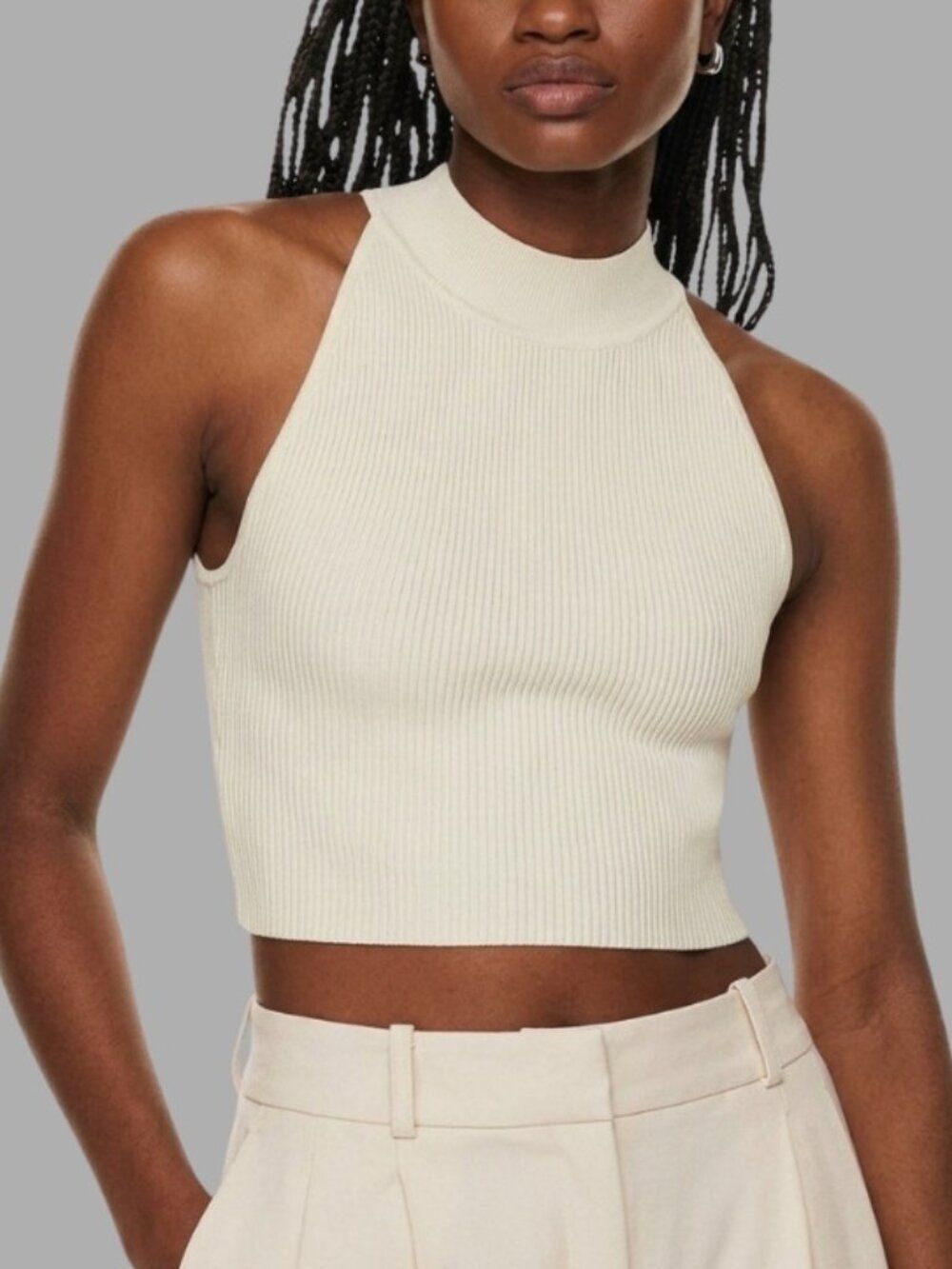 Aritzia Babaton Sculpt Knit Mockneck Halter Top Beige Size XS